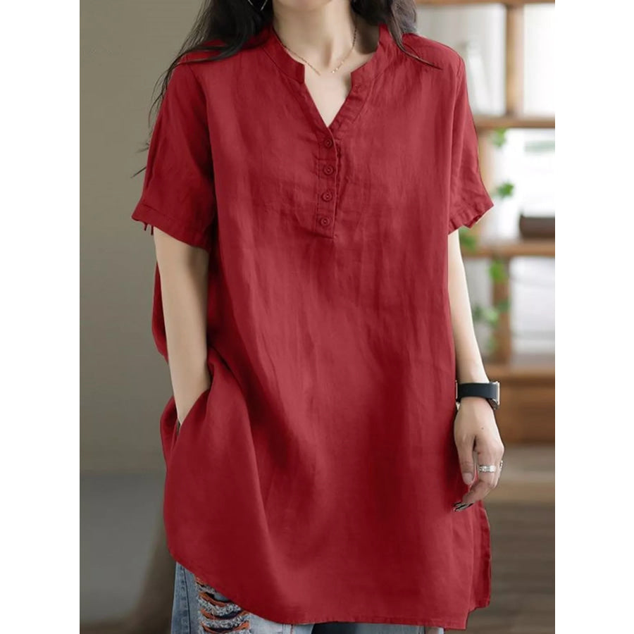 Full Size Notched Short Sleeve Oversize Blouse Plus Red / S Apparel and Accessories