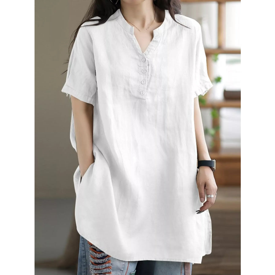 Full Size Notched Short Sleeve Oversize Blouse Plus White / S Apparel and Accessories