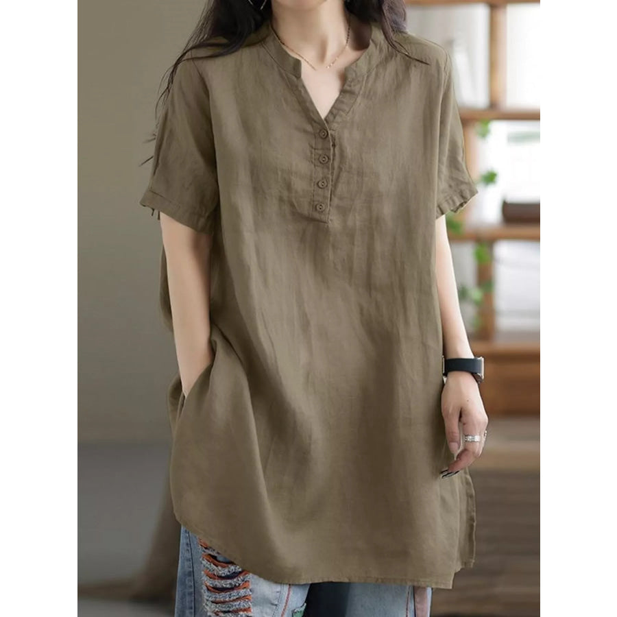 Full Size Notched Short Sleeve Oversize Blouse Plus Yellowish Brown / S Apparel and Accessories
