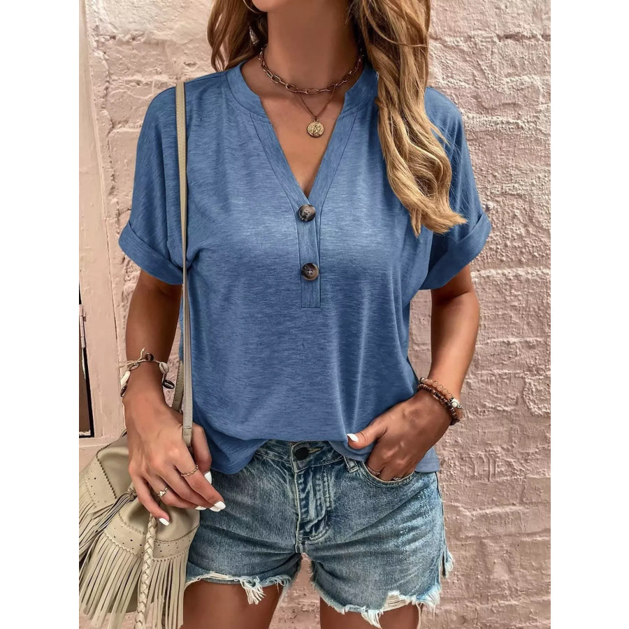 Full Size Notched T-Shirt with Rolled Sleeves Plus Size Apparel and Accessories