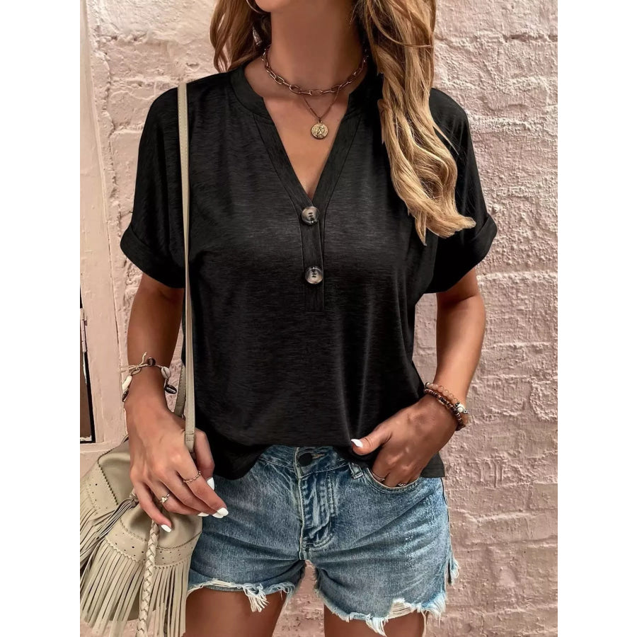 Full Size Notched T-Shirt with Rolled Sleeves Plus Size Black / S Apparel and Accessories