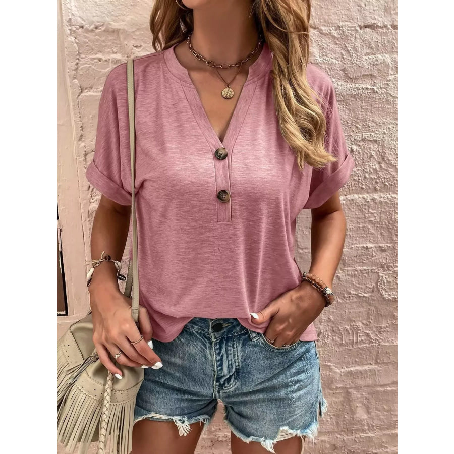 Full Size Notched T-Shirt with Rolled Sleeves Plus Size Pink / S Apparel and Accessories