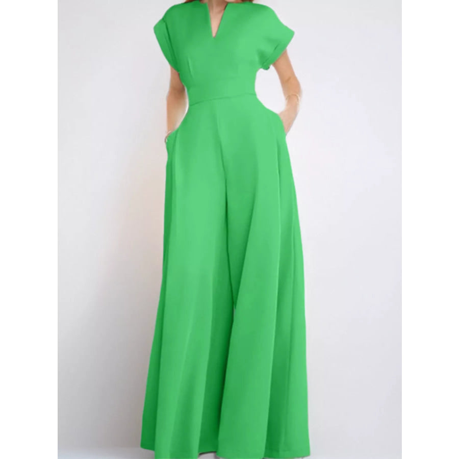Full Size Notched Wide Leg Jumpsuit Plus Size Neon Green / S Apparel and Accessories