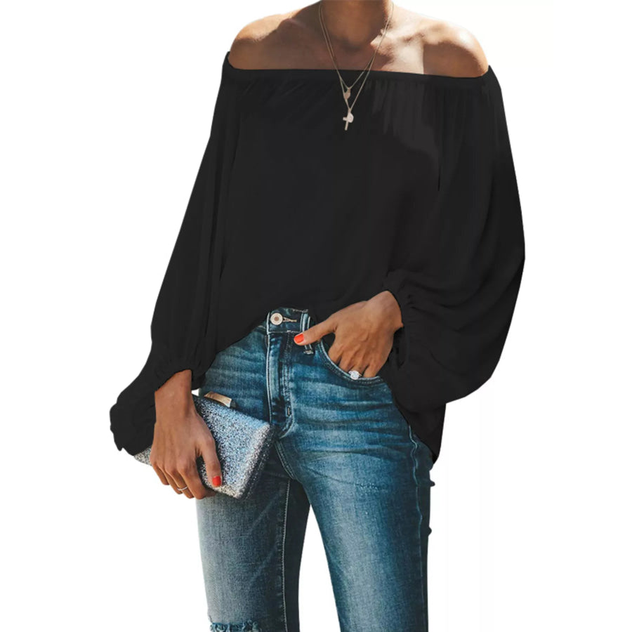 Full Size Off-Shoulder Balloon Sleeve Blouse Plus Size Black / S Apparel and Accessories