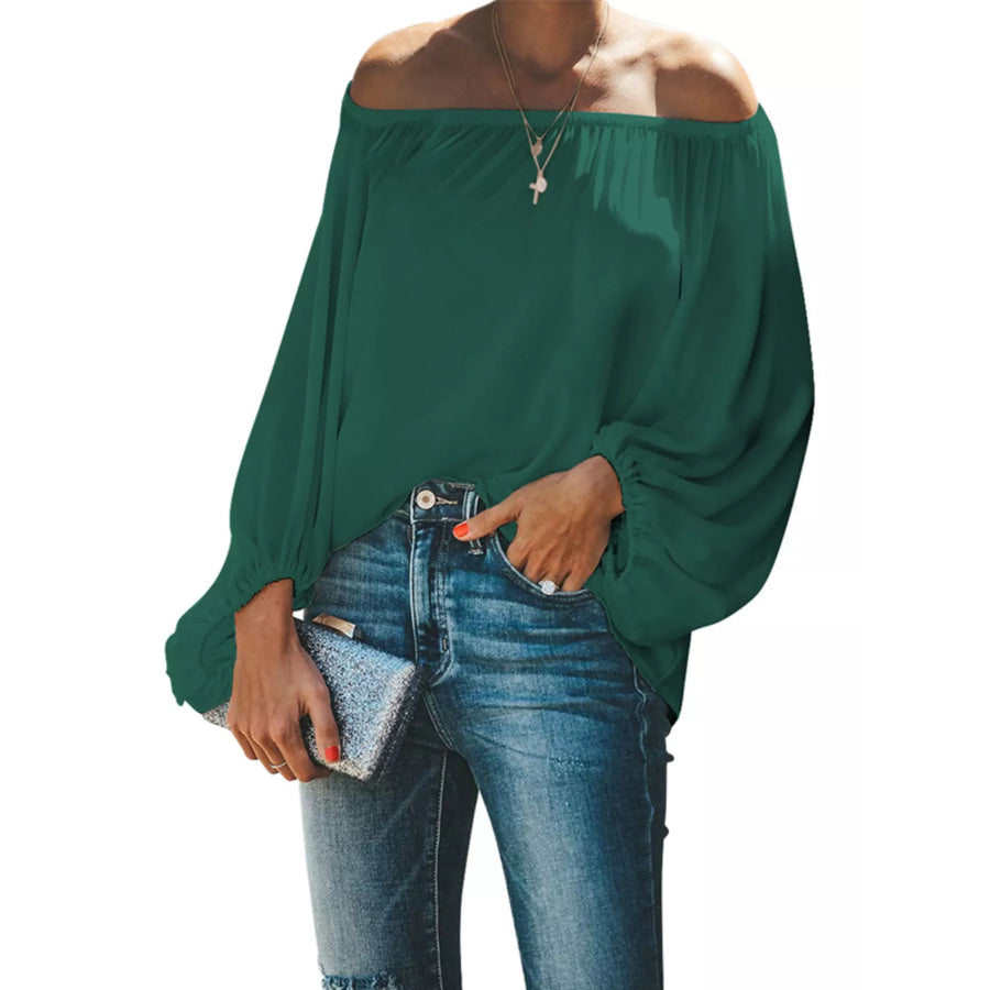 Full Size Off-Shoulder Balloon Sleeve Blouse Plus Size Dark Green / S Apparel and Accessories
