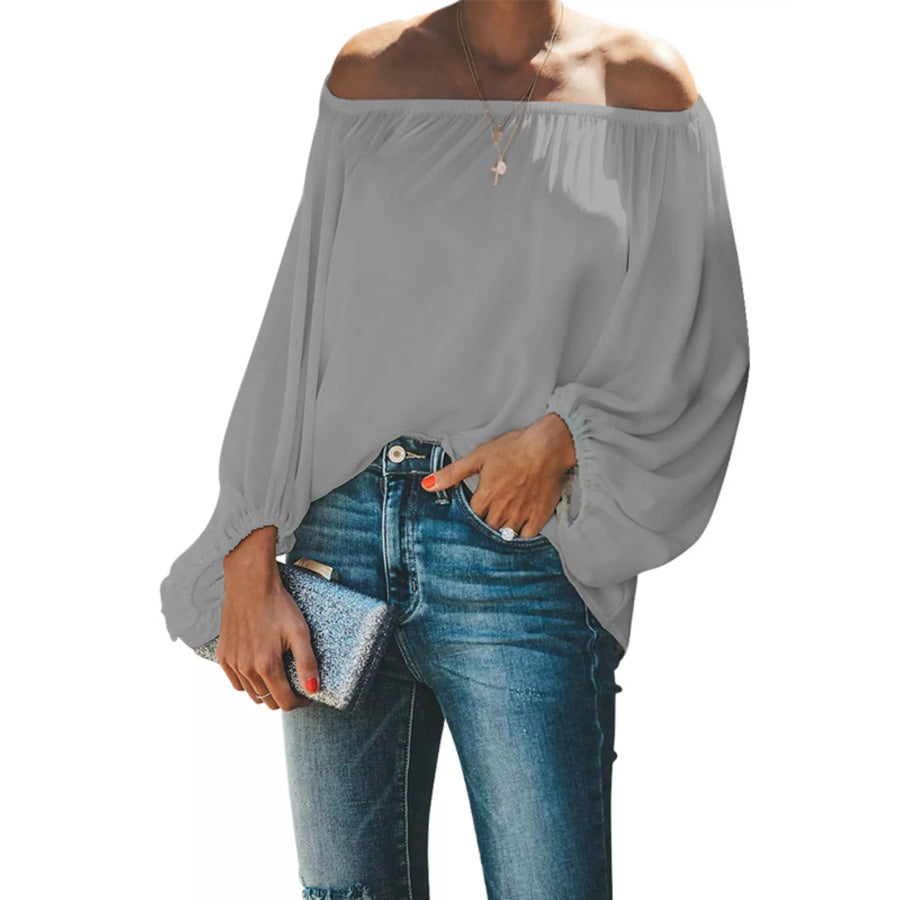 Full Size Off-Shoulder Balloon Sleeve Blouse Plus Size Gray / S Apparel and Accessories