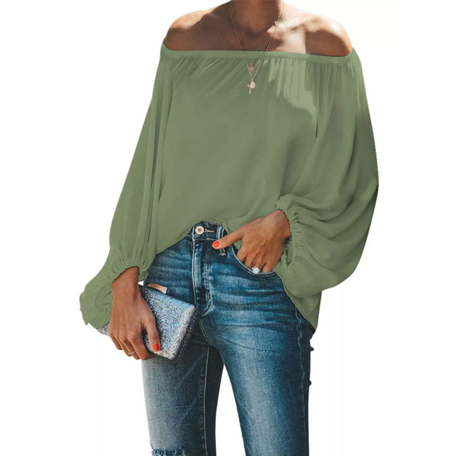 Full Size Off-Shoulder Balloon Sleeve Blouse Plus Size Green / S Apparel and Accessories