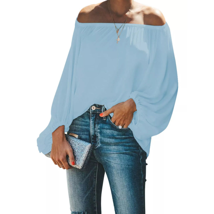 Full Size Off-Shoulder Balloon Sleeve Blouse Plus Size Sky Blue / S Apparel and Accessories