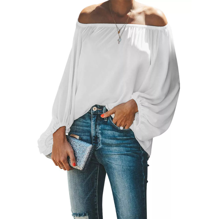 Full Size Off-Shoulder Balloon Sleeve Blouse Plus Size White / S Apparel and Accessories