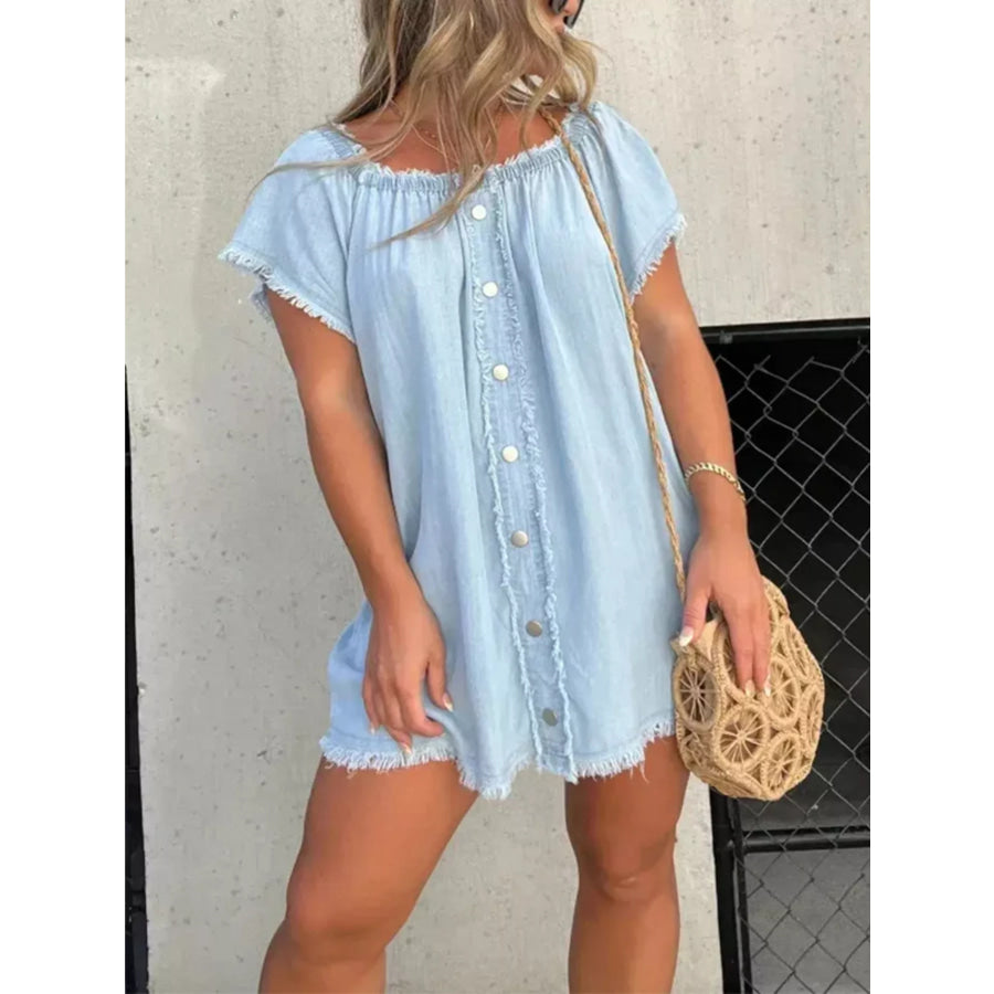 Full Size Off-Shoulder Button-Down Frayed Denim Dress Plus Size Apparel and Accessories