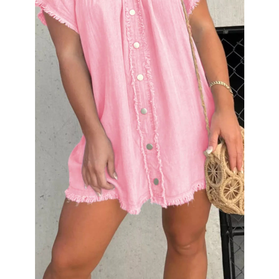 Full Size Off-Shoulder Button-Down Frayed Denim Dress Plus Size Apparel and Accessories