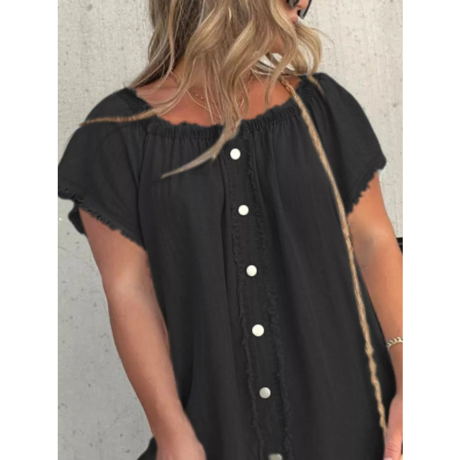 Full Size Off-Shoulder Button-Down Frayed Denim Dress Plus Size Apparel and Accessories