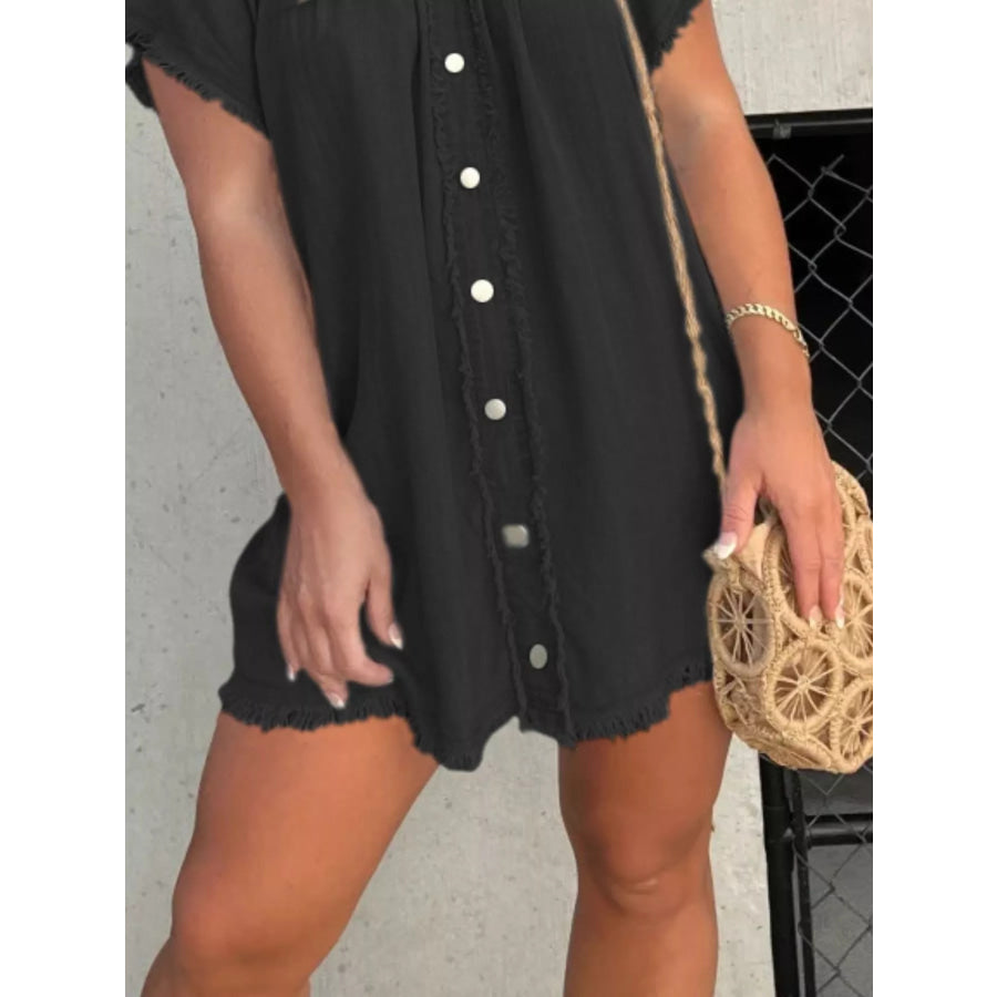 Full Size Off-Shoulder Button-Down Frayed Denim Dress Plus Size Apparel and Accessories