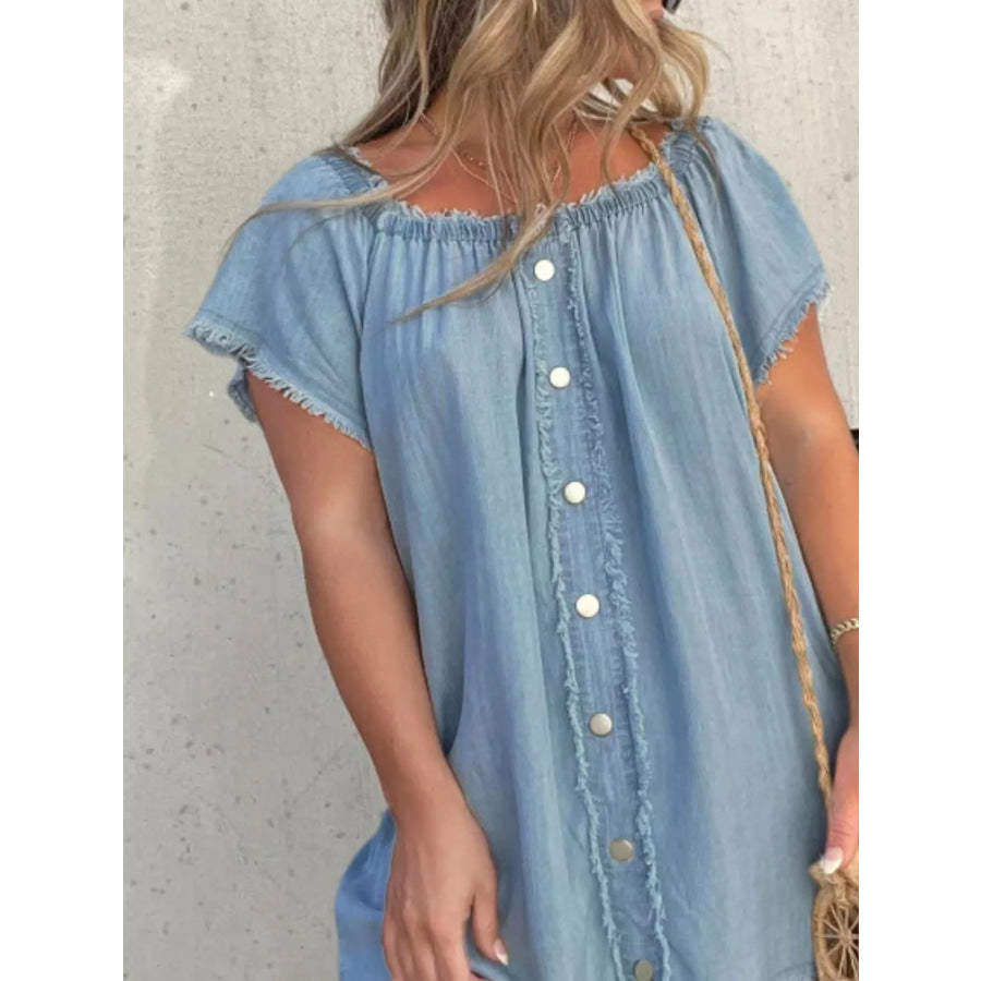 Full Size Off-Shoulder Button-Down Frayed Denim Dress Plus Size Apparel and Accessories