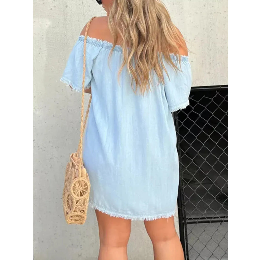 Full Size Off-Shoulder Button-Down Frayed Denim Dress Plus Size Apparel and Accessories