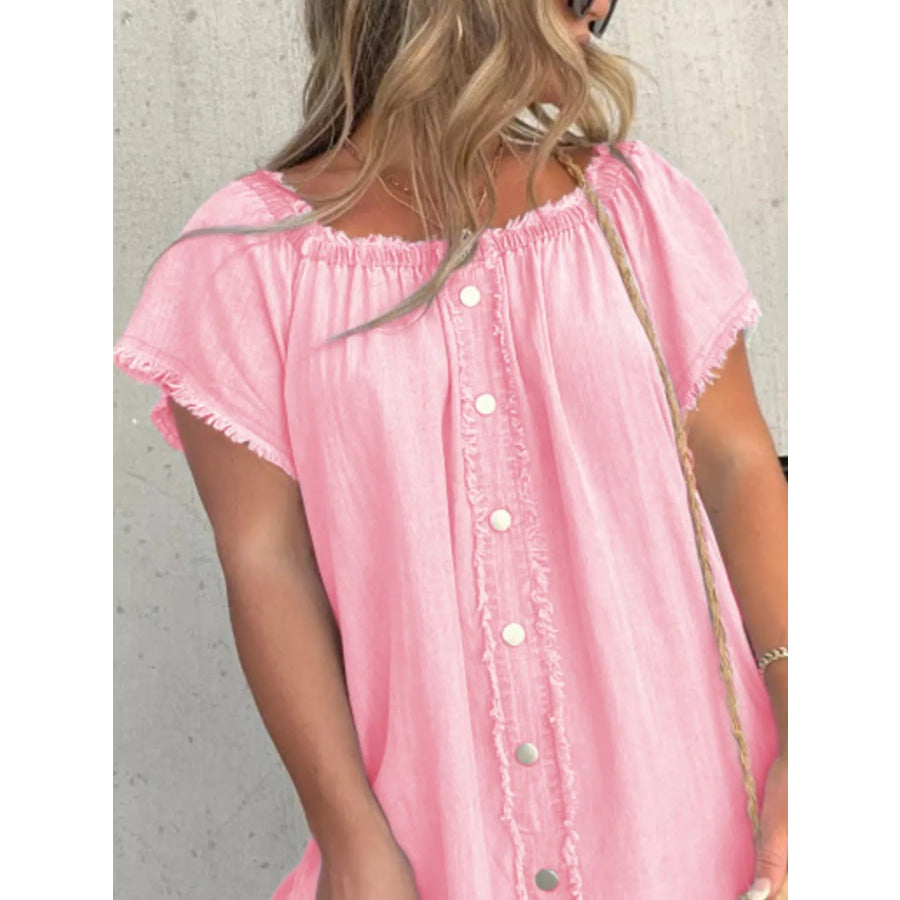 Full Size Off-Shoulder Button-Down Frayed Denim Dress Plus Size Apparel and Accessories