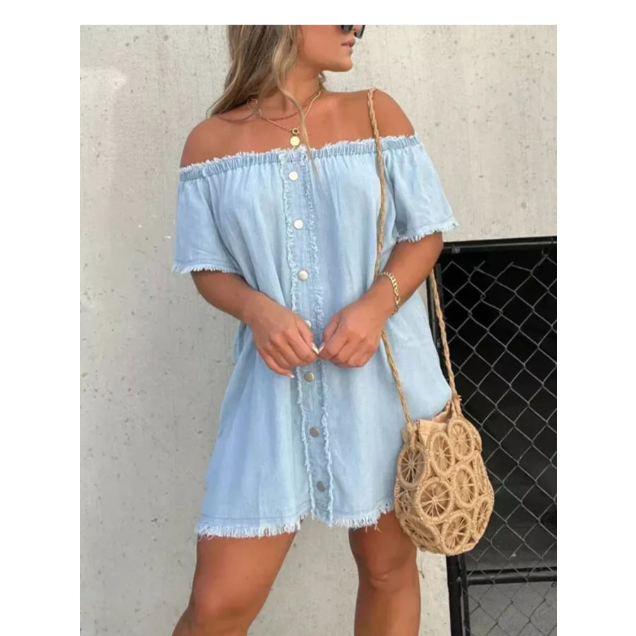 Full Size Off-Shoulder Button-Down Frayed Denim Dress Plus Size Apparel and Accessories