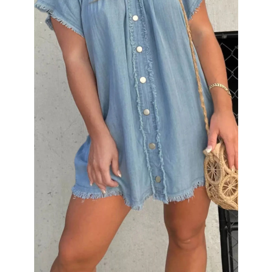 Full Size Off-Shoulder Button-Down Frayed Denim Dress Plus Size Apparel and Accessories