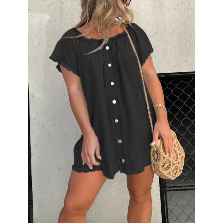 Full Size Off-Shoulder Button-Down Frayed Denim Dress Plus Size Black / S Apparel and Accessories