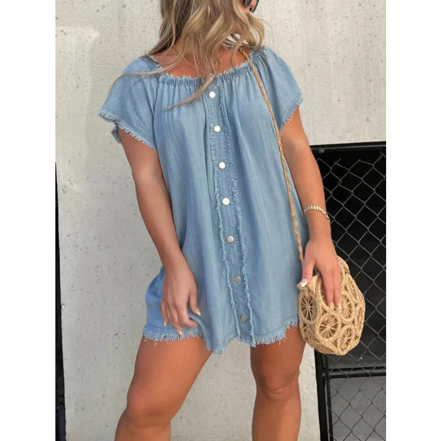 Full Size Off-Shoulder Button-Down Frayed Denim Dress Plus Size Dark Blue / S Apparel and Accessories