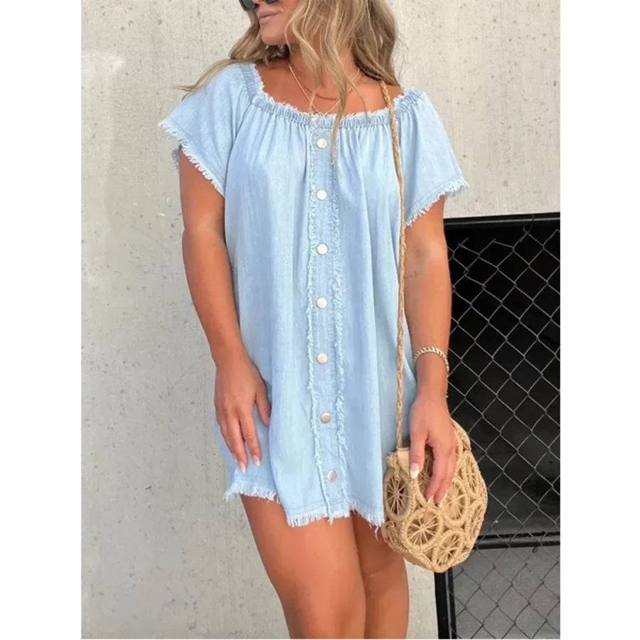 Full Size Off-Shoulder Button-Down Frayed Denim Dress Plus Size Light Blue / S Apparel and Accessories