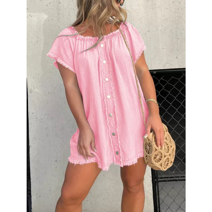 Full Size Off-Shoulder Button-Down Frayed Denim Dress Plus Size Pink / S Apparel and Accessories