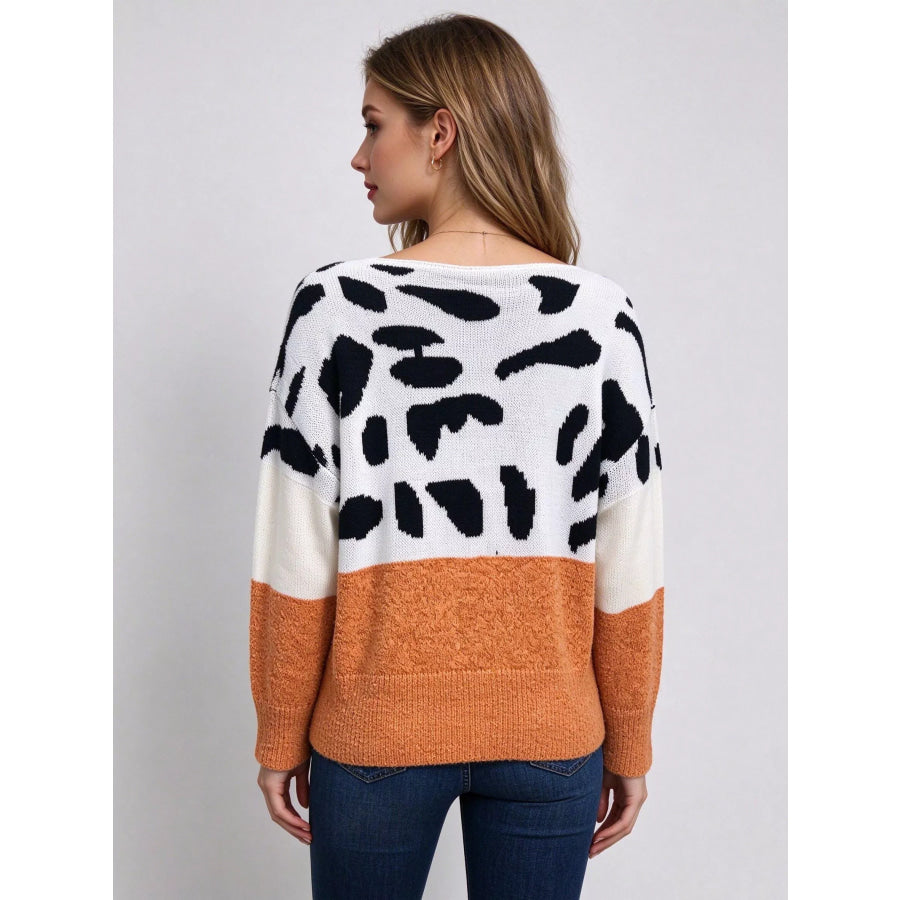 Full Size Off-Shoulder Colorblock Animal Print Sweater Plus Apparel and Accessories