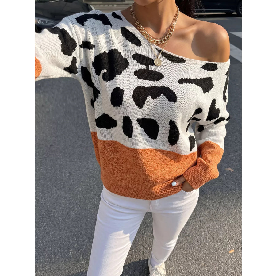 Full Size Off-Shoulder Colorblock Animal Print Sweater Plus Pumpkin / S Apparel and Accessories