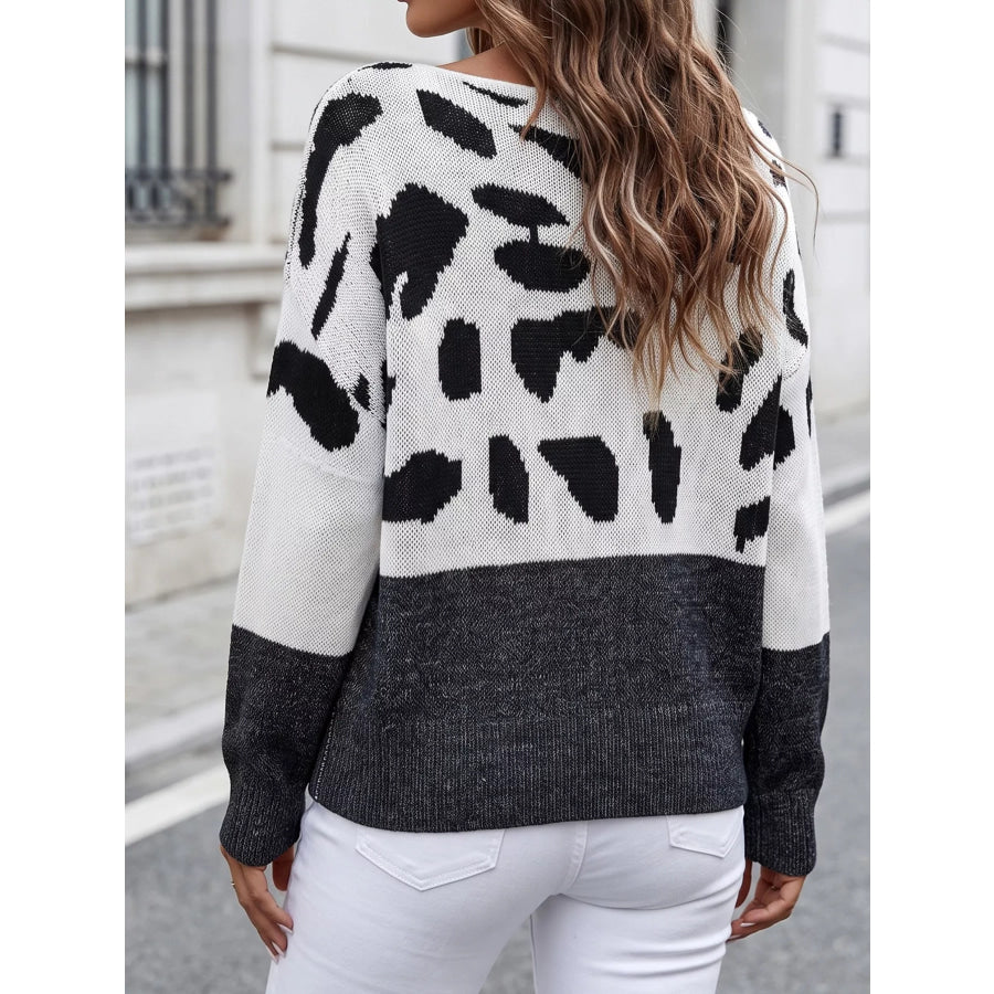 Full Size Off-Shoulder Colorblock Animal Print Sweater Plus Apparel and Accessories