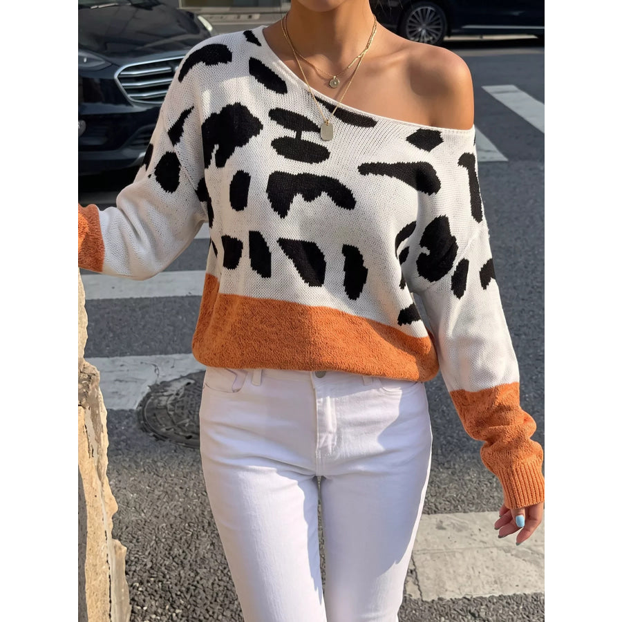 Full Size Off-Shoulder Colorblock Animal Print Sweater Plus Pumpkin / S Apparel and Accessories
