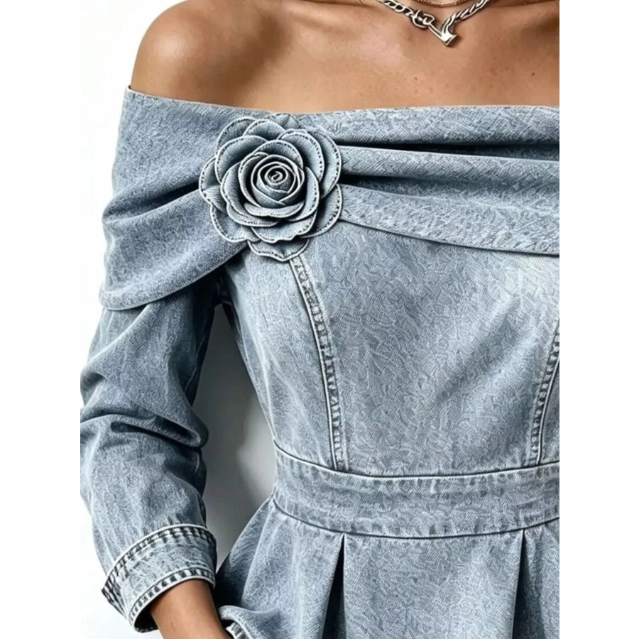 Full Size Off-Shoulder Floral Denim Look Top Plus Size Apparel and Accessories