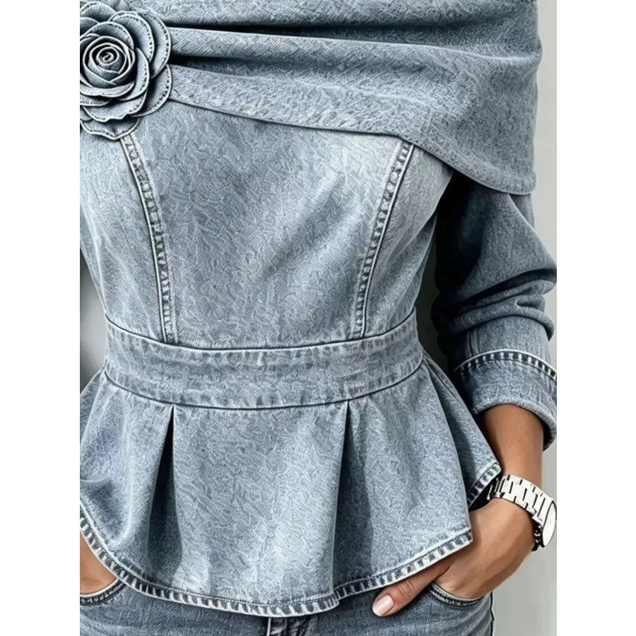 Full Size Off-Shoulder Floral Denim Look Top Plus Size Apparel and Accessories