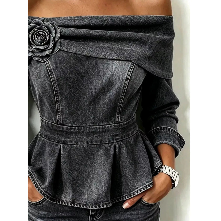 Full Size Off-Shoulder Floral Denim Look Top Plus Size Apparel and Accessories