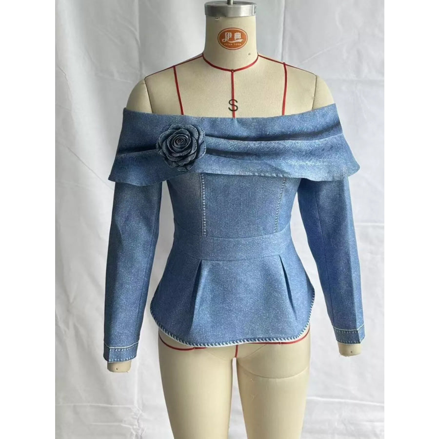 Full Size Off-Shoulder Floral Denim Look Top Plus Size Light Blue / S Apparel and Accessories