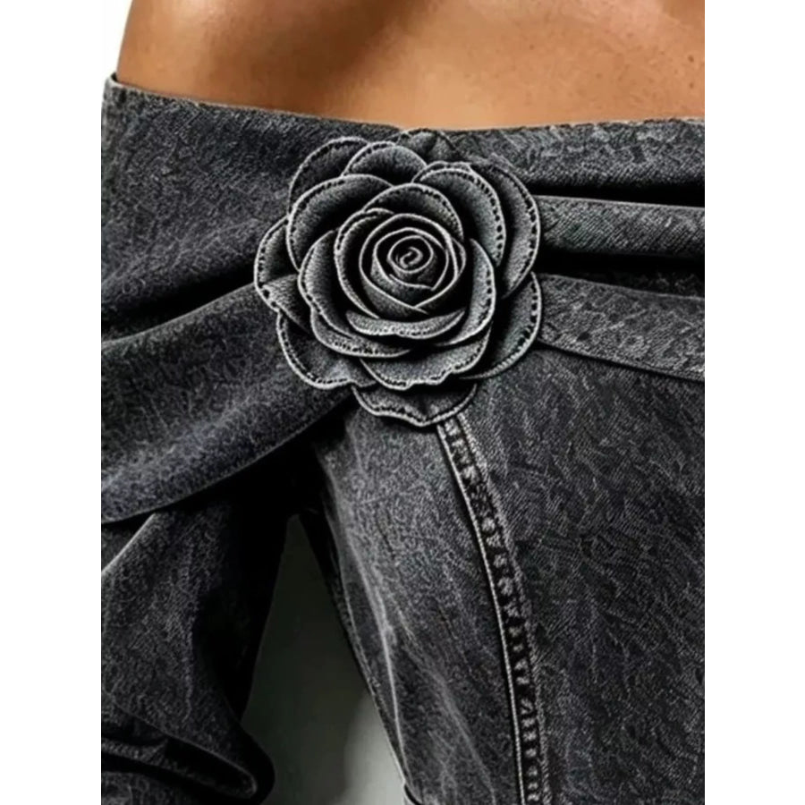 Full Size Off-Shoulder Floral Denim Look Top Plus Size Apparel and Accessories