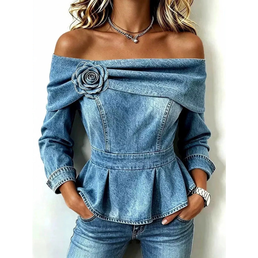 Full Size Off-Shoulder Floral Denim Look Top Plus Size Light Blue / S Apparel and Accessories