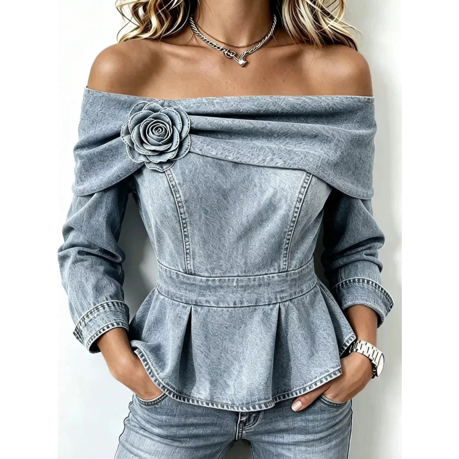 Full Size Off-Shoulder Floral Denim Look Top Plus Size Light Gray / S Apparel and Accessories