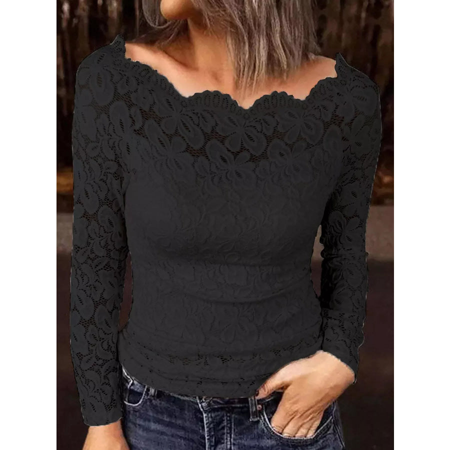Full Size Off-Shoulder Long Sleeve Lace Blouse Plus Size Black / S Apparel and Accessories