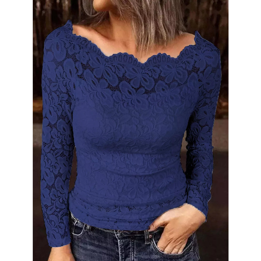 Full Size Off-Shoulder Long Sleeve Lace Blouse Plus Size Navy / S Apparel and Accessories