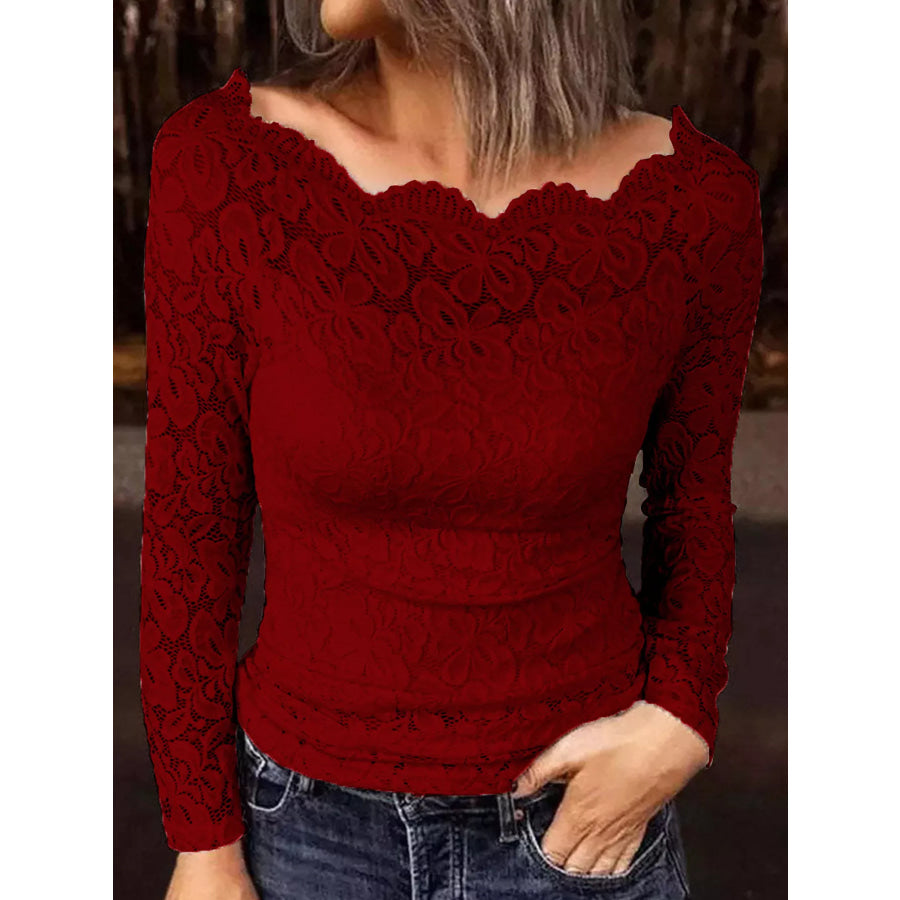 Full Size Off-Shoulder Long Sleeve Lace Blouse Plus Size Wine Red / S Apparel and Accessories