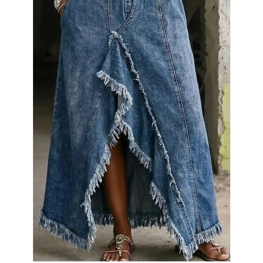 Full Size Off-Shoulder Raw Hem Slit Denim Maxi Dress Plus Apparel and Accessories