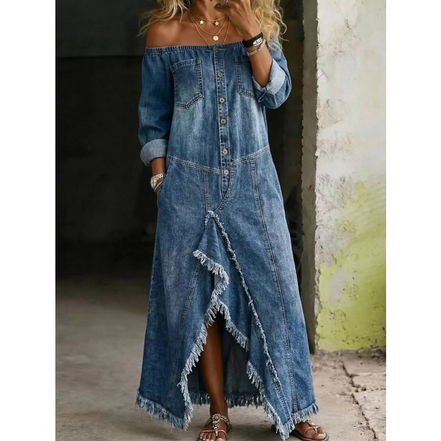 Full Size Off-Shoulder Raw Hem Slit Denim Maxi Dress Plus Blue / S Apparel and Accessories