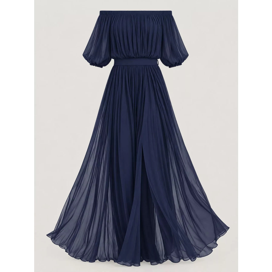 Full Size Off-Shoulder Ruched Chiffon Maxi Dress Plus Apparel and Accessories