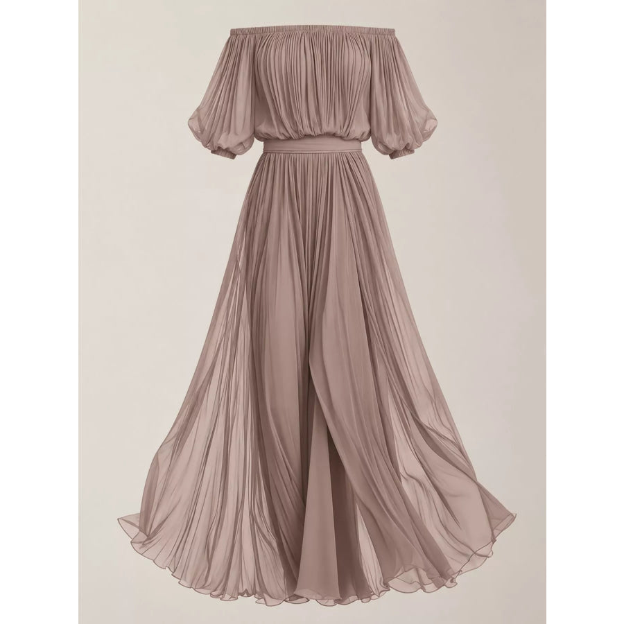 Full Size Off-Shoulder Ruched Chiffon Maxi Dress Plus Apparel and Accessories