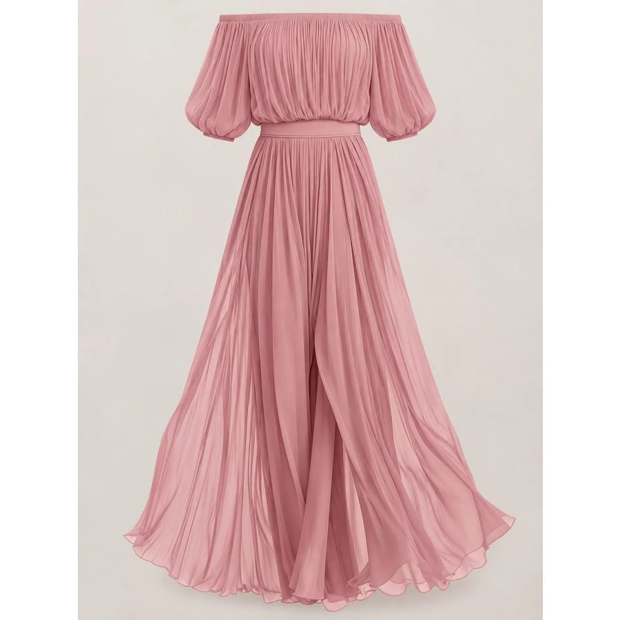 Full Size Off-Shoulder Ruched Chiffon Maxi Dress Plus Apparel and Accessories