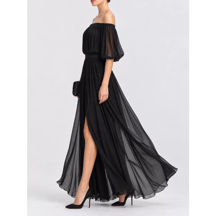 Full Size Off-Shoulder Ruched Chiffon Maxi Dress Plus Apparel and Accessories