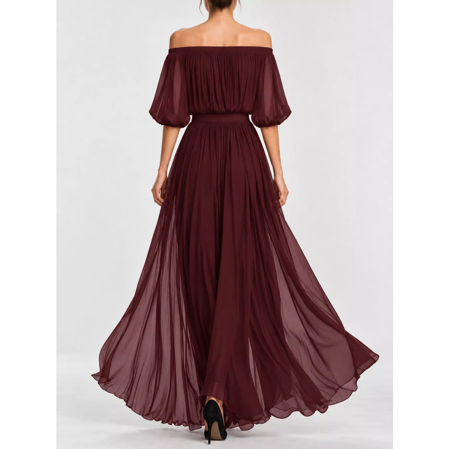 Full Size Off-Shoulder Ruched Chiffon Maxi Dress Plus Apparel and Accessories