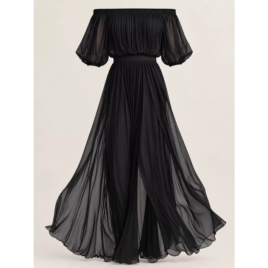 Full Size Off-Shoulder Ruched Chiffon Maxi Dress Plus Apparel and Accessories