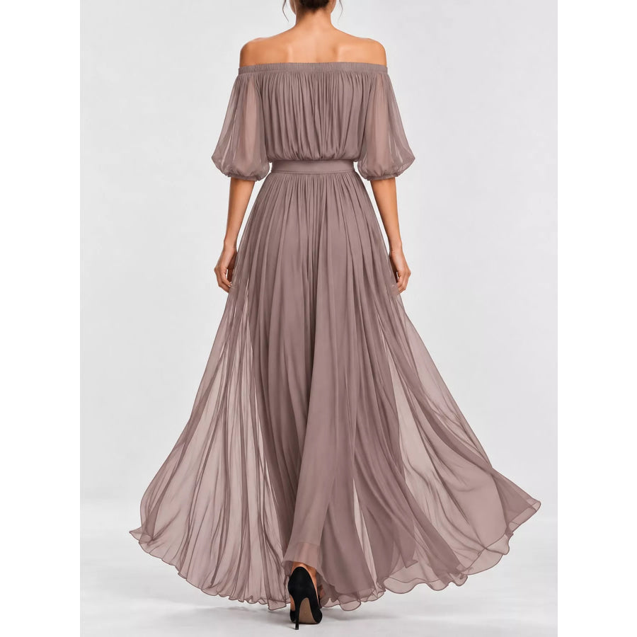 Full Size Off-Shoulder Ruched Chiffon Maxi Dress Plus Apparel and Accessories