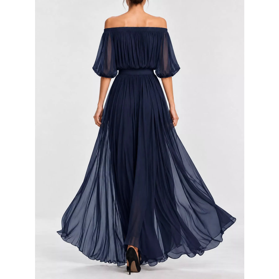 Full Size Off-Shoulder Ruched Chiffon Maxi Dress Plus Apparel and Accessories